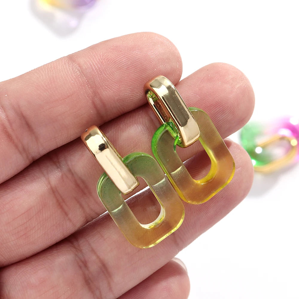 Fashion Acrylic Gradient Color Geometric Buckle Drop Earrings Transparent Iridescent Rectangle Earrings Women Wedding Jewelry