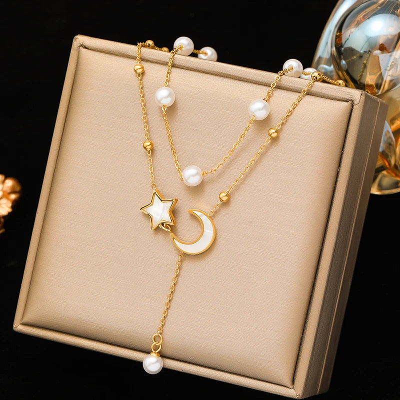 EILIECK 316L Stainless Steel Butterfly Pearl Long Pendant Necklace For Women Fashion Choker Clavicle Chain Waterpro Jewelry Gift