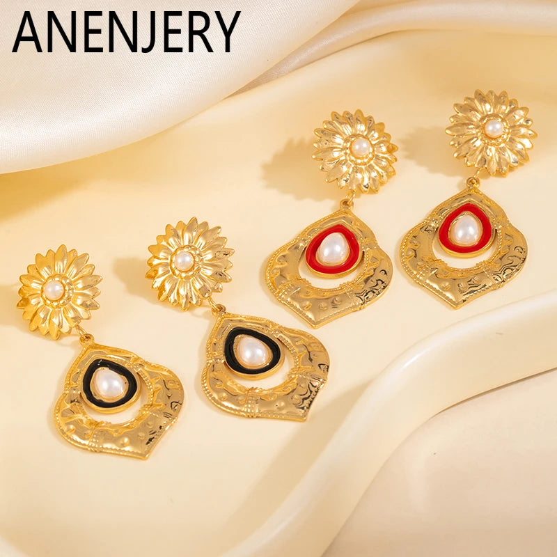 ANENJERY 316L Stainless Steel Flower Geometry Water Droplet Pearl Earrings For Women French Vintage Niche Lady Jewelry Gifts