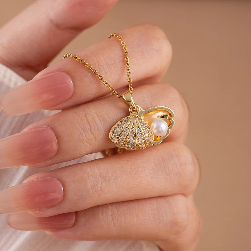 ANENJERY 316L Stainless Steel Flower Butterfly Shell Pendant Necklace For Women Delicate Elegant Fashion Jewelry Gifts Wholesale