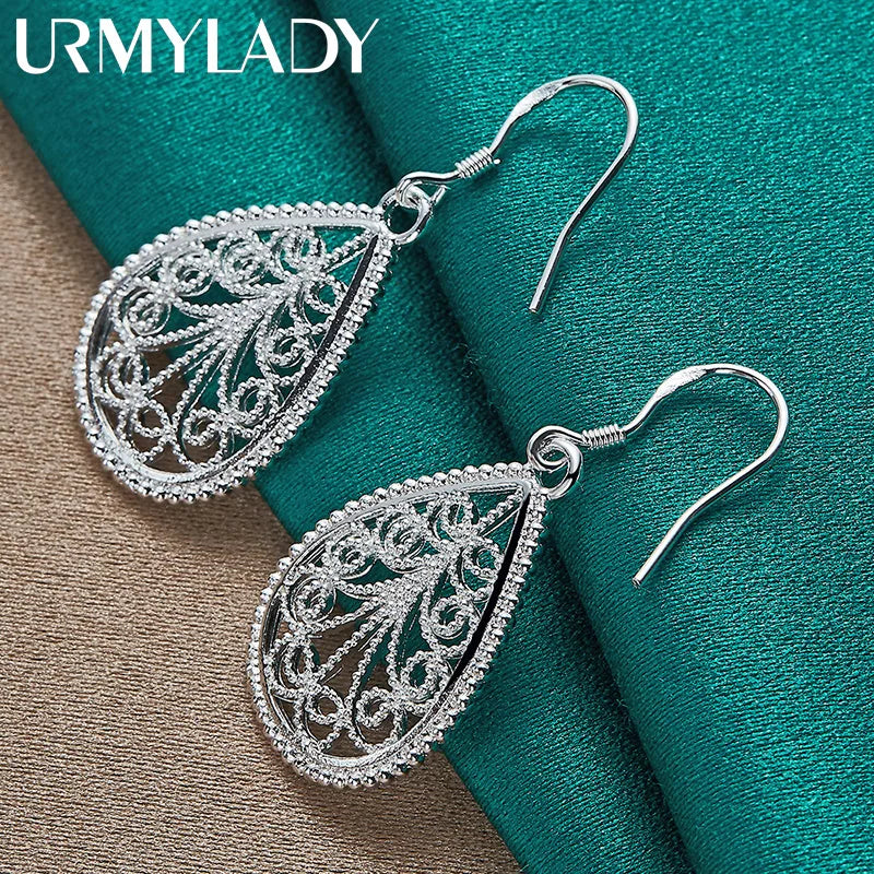 URMYLADY 925 Sterling Silver Water Drop Hollow Plant Earrings For Women Wedding Engagement Party Fashion Jewelry