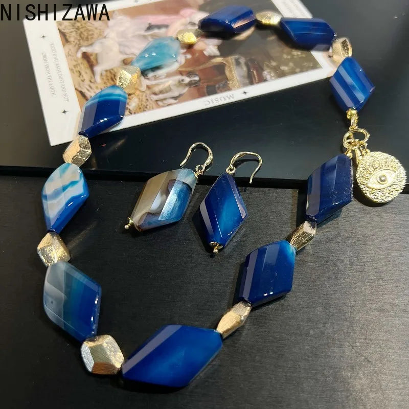 NISHIZAWA 2 Pieces Jewelry Sets Blue Agates Irregular Geometric Vintage Jewelry Palace Style Elegant Fashion Pendientes Mujer