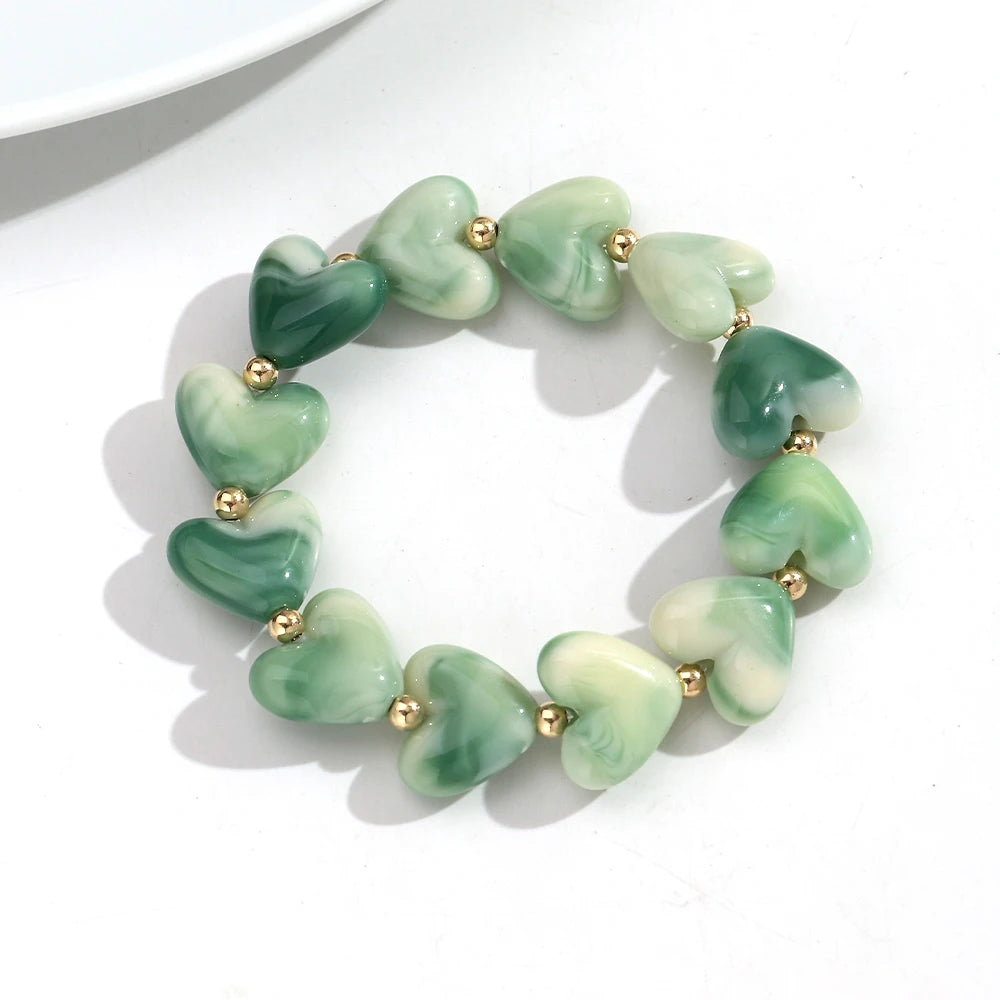 Cute Acrylic Colorful Geometric Heart Beads Elastic Bracelets New Love Heart Beaded Stackable Bangle Bracelet Women Jewelry Gift