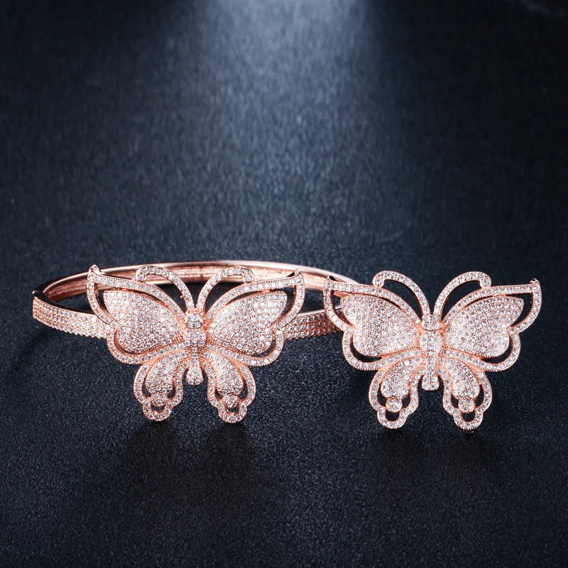 ThreeGrace Luxury Sparkling Cubic Zirconia Wedding Bridal Party Big Butterfly Finger Ring and Bangle Jewelry Set for Women JS543