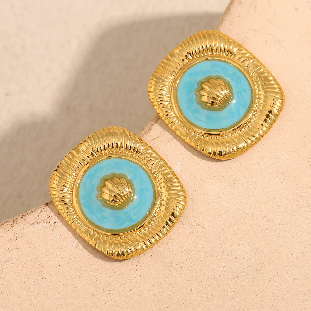 E.B.belle New Design Blue Drop Oil Square Shell Trendy Women's Earrings Rings 18K Gold Plated Stainless Steel Jewelry Set