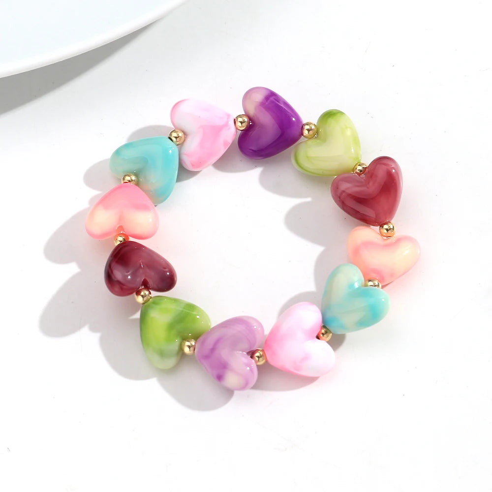 Cute Acrylic Colorful Geometric Heart Beads Elastic Bracelets New Love Heart Beaded Stackable Bangle Bracelet Women Jewelry Gift