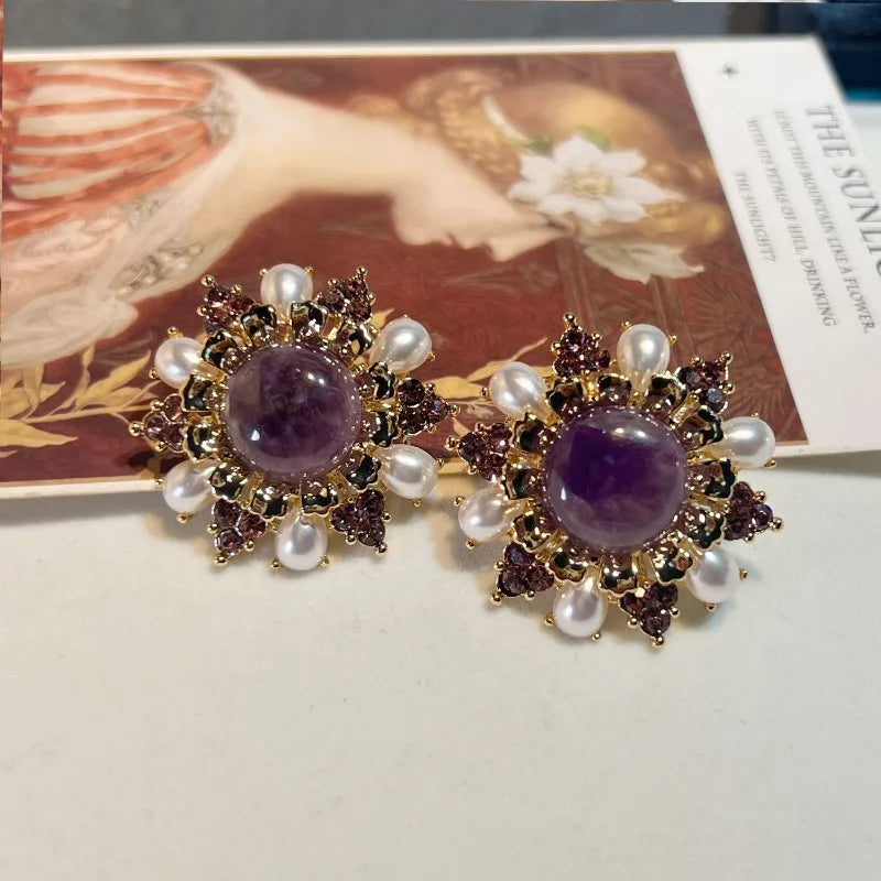 NISHIZAWA Amethyst Turquoise Earrings for Women Palace Style Geometric Retro Jewelry Fashion Elegant Aretes De Mujer