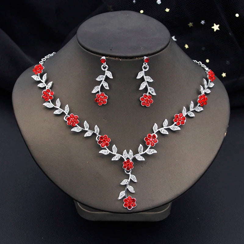 Exquisite 16 Colors Flower Jewelry Set Rhinestone Pendant Party Women Fashion Romantic Wedding Necklace Earring Set 3pcs Gifts