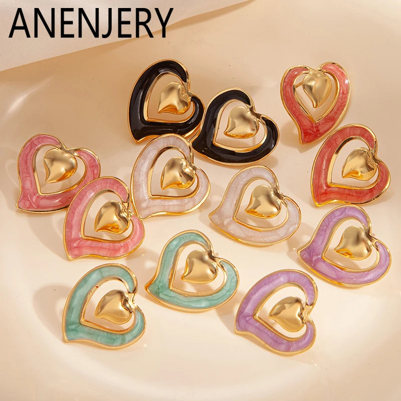 ANENJERY 316L Stainless Steel Hollow Double Heart Stud Earrings For Women Special Luxury Design Lady Jewelry Gifts