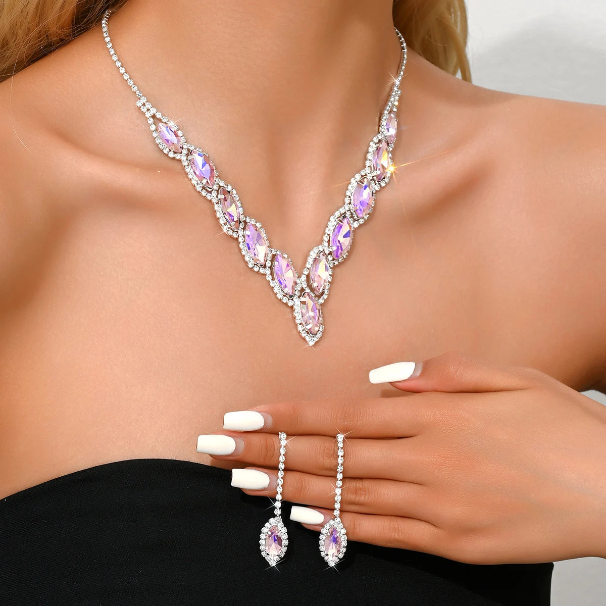 Advanced Versatile Crystal Necklace Earrings Two Piece Set Bridal Wedding Party Vacation Travel Versatile Accessories