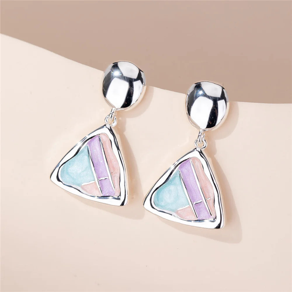 Cute Charm Female Small triangle Rainbow Enamel New Fashion Drop Dangle Earrings Unique Silver Color Wedding Jewelry For Women