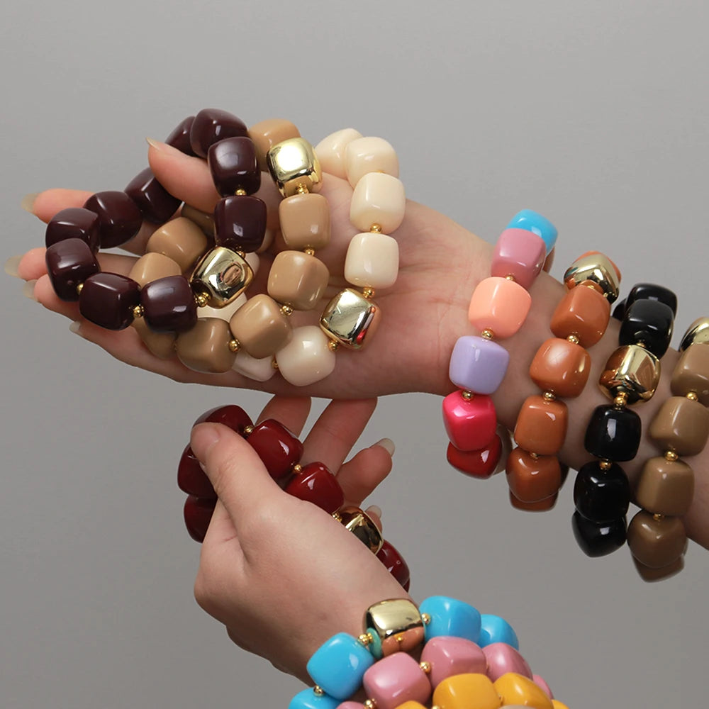 Trendy Colorful Square Beads Elastic Bangle Bracelets New Resin Geometric Beaded Stackable Bracelet 2026 Spring Summer Jewelry