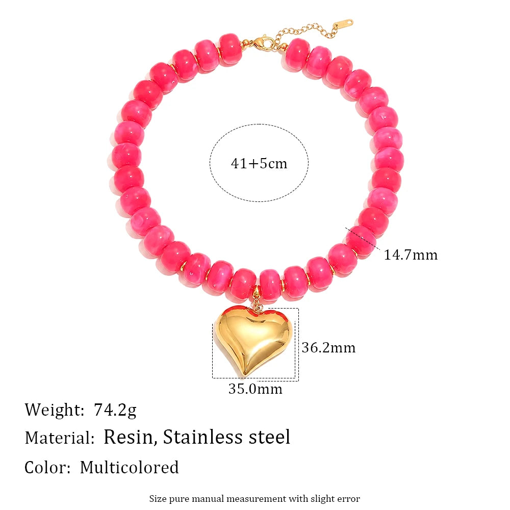 E.B.belle Candy Color Bead Heart Charm Necklaces Colorful Dopamine Resin Chain Necklace Tarnish Y2K Fashion Women Jewelry