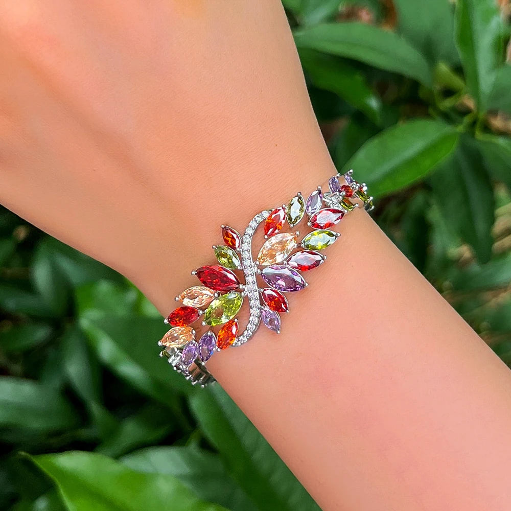 ThreeGraces Luxury Shiny Multicolor Zirconia Big Leaf Bracelet for Women Fashion Bridal Wedding Evening Party Jewelry BR402