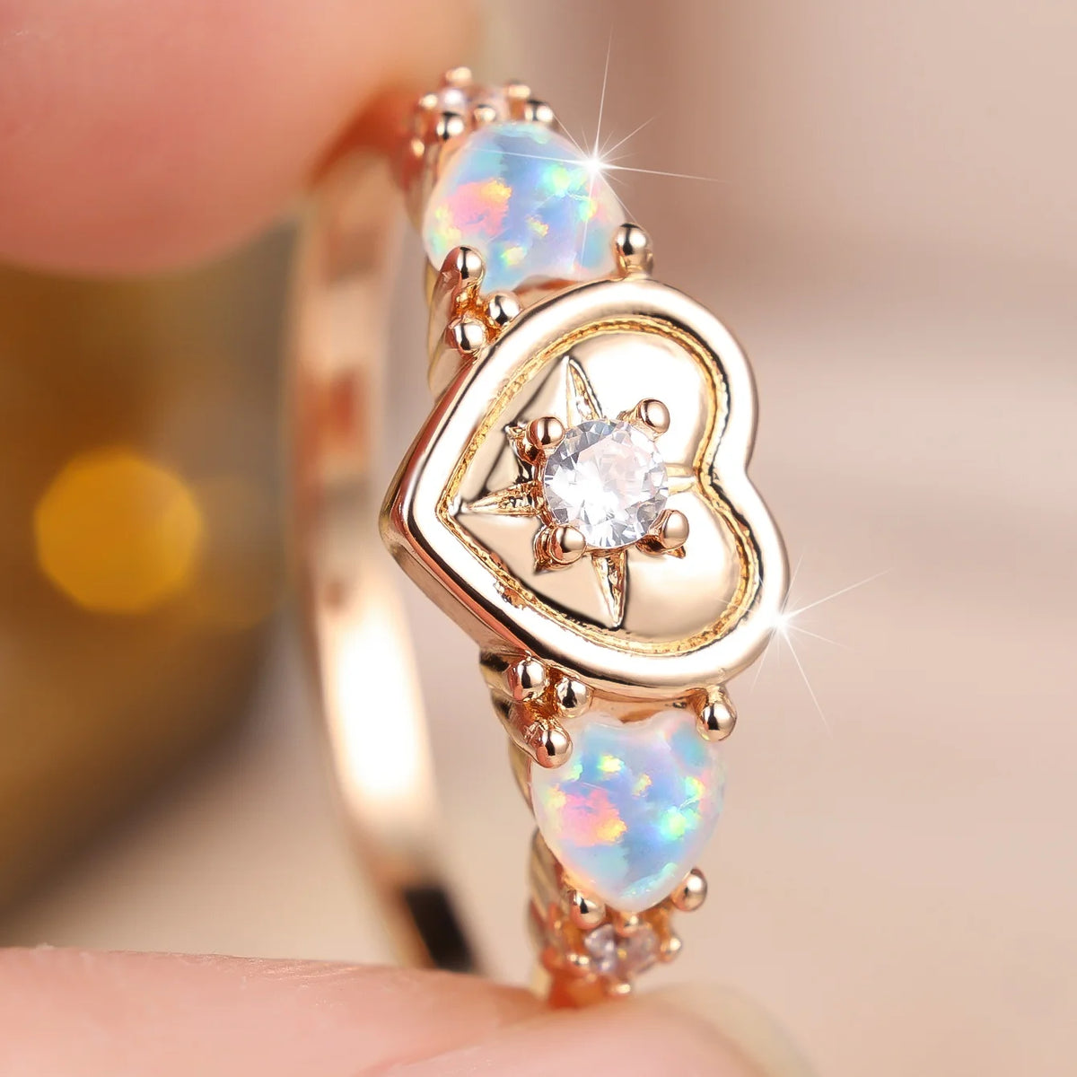 Small Heart Charm Femal White Opal Round Ring Gold Color Wedding Jewelry For Women