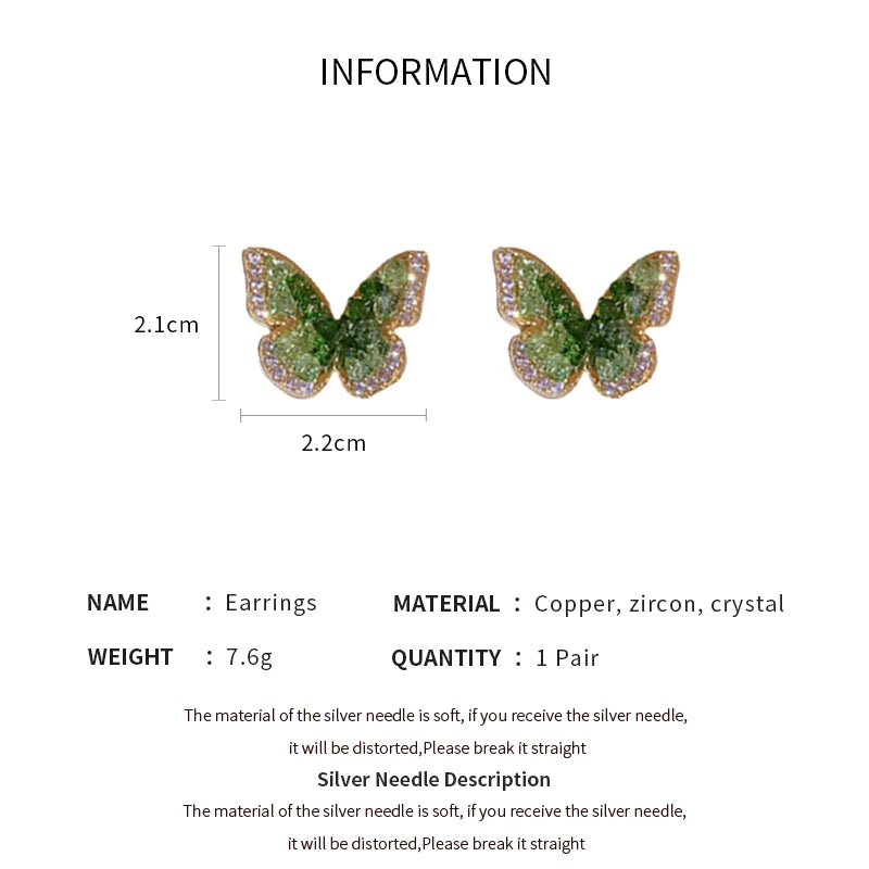 Gold Plating Zircon Green Crystal Butterfly Stud Earrings for Women Partysu Fashion Earring Luxury Silver Jewelry New