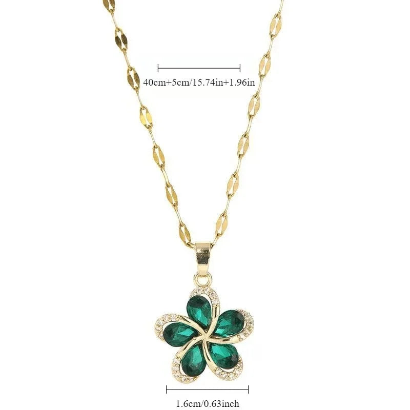 EILIECK 316L Stainless Steel Fashion Chic Cubic Zirconia Flower Pendant Necklace Tarnish Resistant Stylish Neck Chain Jewelry