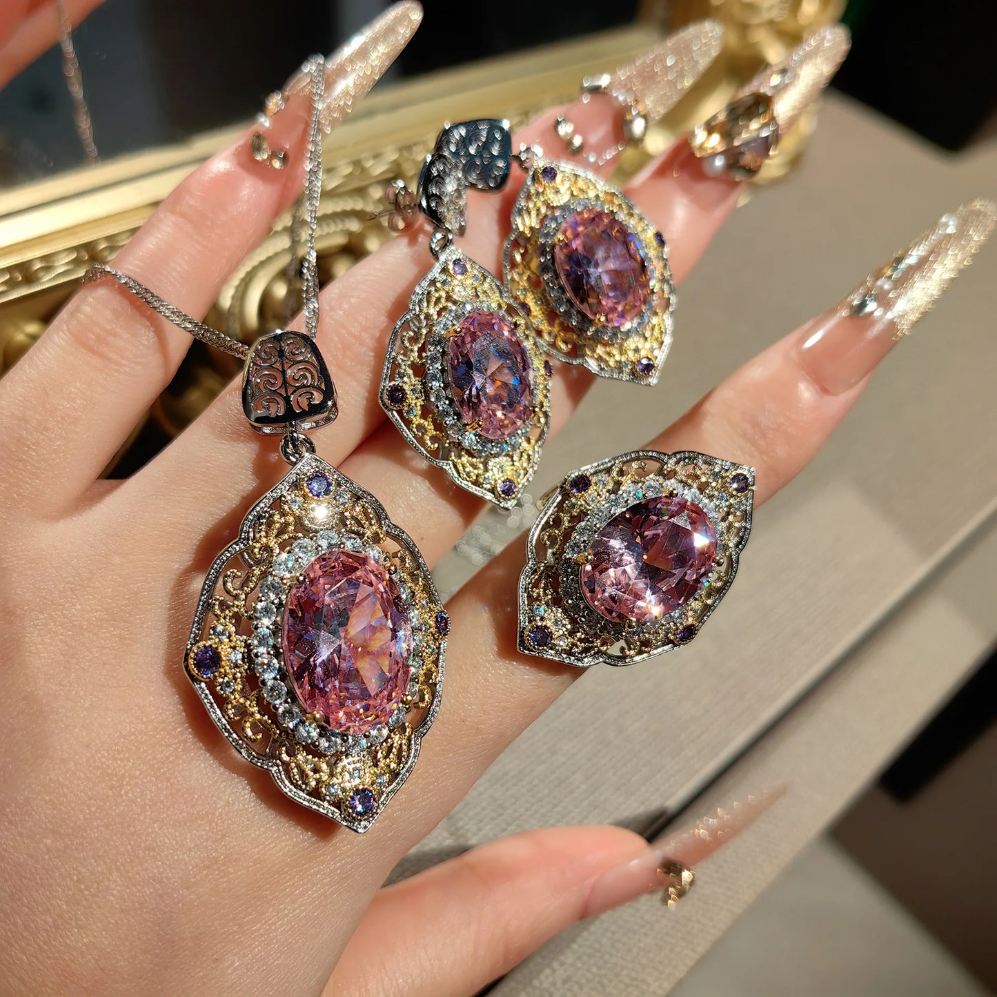 Delicate Vintage High Quality Oval Zirconia Jewelry Sets for Women Luxury Hollow Out Pendant Necklaces Rings Earrings Jewelry