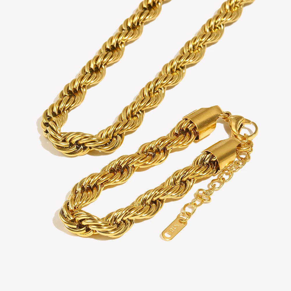 E.B.belle Tarnish Free Stainless Steel 18K Gold Plated Women's 8mm Chunky Twisted Rope Chain Necklace Trendy Gold Bracelet