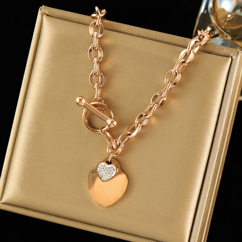 EILIECK New Fashion Stainless Steel Metal Double Heart Necklace Bracelet Set  For Women Waterproof Silver Color Jewelry Gift