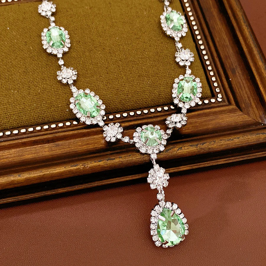 Shiny Cubic Zirconia Jewelry Set Women's Fashion Water Drop Teardrop Rhinestone Choker Necklace Dangle Earrings for Party K