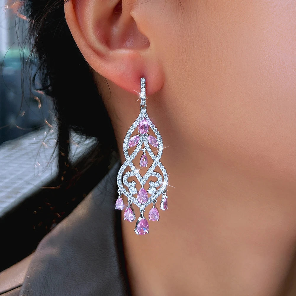 ThreeGraces Elegant Trendy Shiny White Zirconia Long Tassel Drop Bridal Wedding Party Dangle Earrings Jewelry for Women E2066