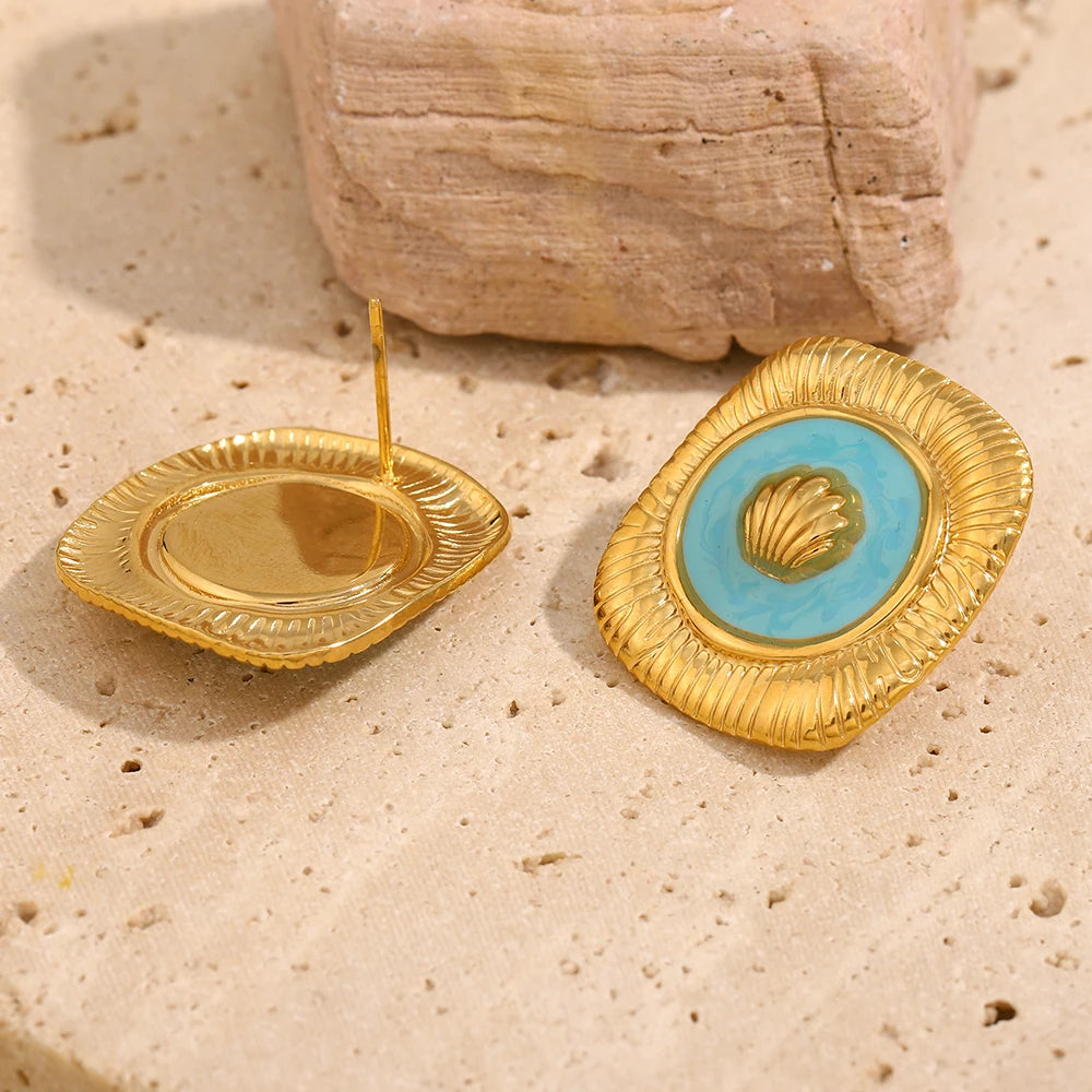 E.B.belle New Design Blue Drop Oil Square Shell Trendy Women's Earrings Rings 18K Gold Plated Stainless Steel Jewelry Set