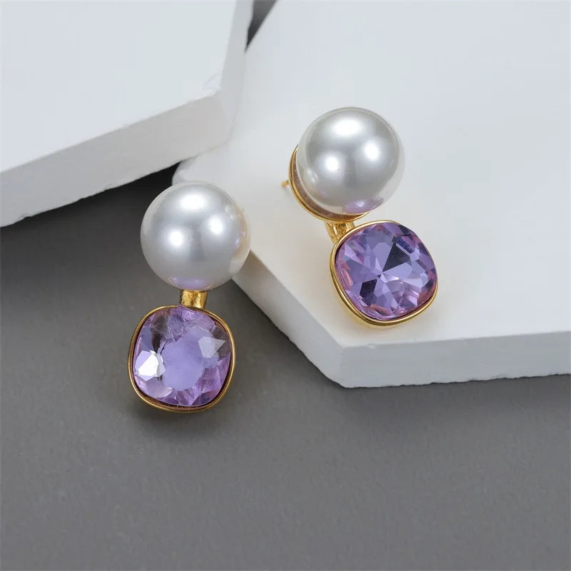 EILIECK Purple Crystal Zirconia Pearl Necklace Earrings Trendy Stainless Steel Waterproof Jewelry Set Golden Metal Texture Women