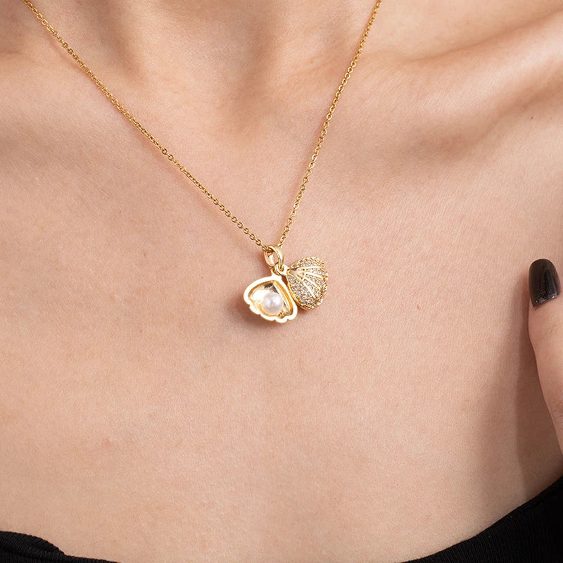 ANENJERY 316L Stainless Steel Flower Butterfly Shell Pendant Necklace For Women Delicate Elegant Fashion Jewelry Gifts Wholesale