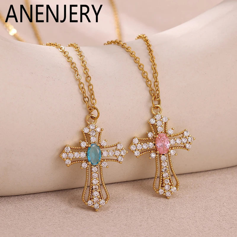 ANENJERY 316L Stainless Steel Crosss Pink Blue Zircon Necklace For Women Delicate Vintage French Personality Niche Jewelry Gifts