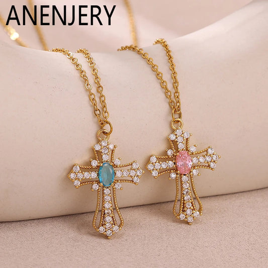 ANENJERY 316L Stainless Steel Crosss Pink Blue Zircon Necklace For Women Delicate Vintage French Personality Niche Jewelry Gifts