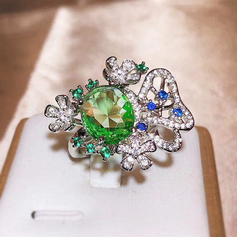 New Small Fresh Flower Oval Green Zircon Ring For Women 925 Silver Cutout Jewelry Wedding Goddess Festival Gift