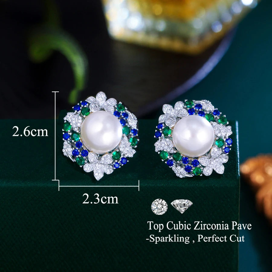 ThreeGraces Delicate Shiny Green Blue Zirconia Big Simulated Pearl Bridal Wedding Stud Earrings for Women Party Jewelry E2025