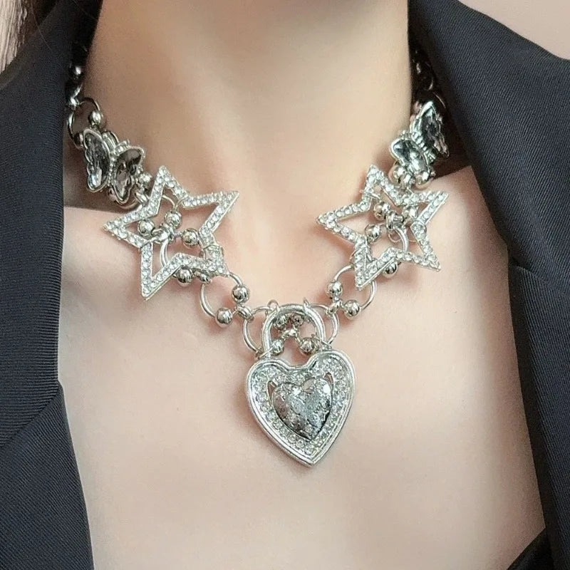 NISHIZAWA Y2k Butterfly Stars Necklaces for Women Vintage Inlaid Rhinestones Chokers Jewelry Fashion Hiphop Collares Para Mujer
