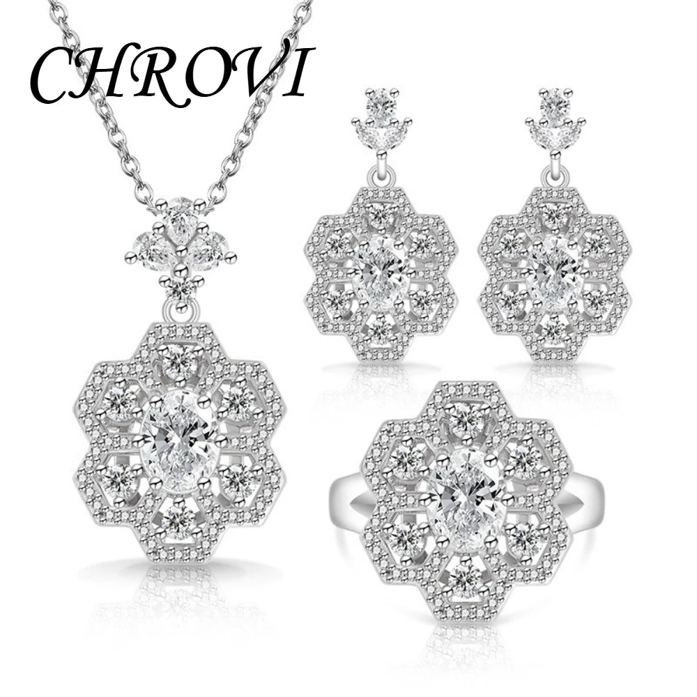 Exquisite 925 sterling silver popular flower-shaped diamond-set pendant necklace, ring, earring set jewelry set