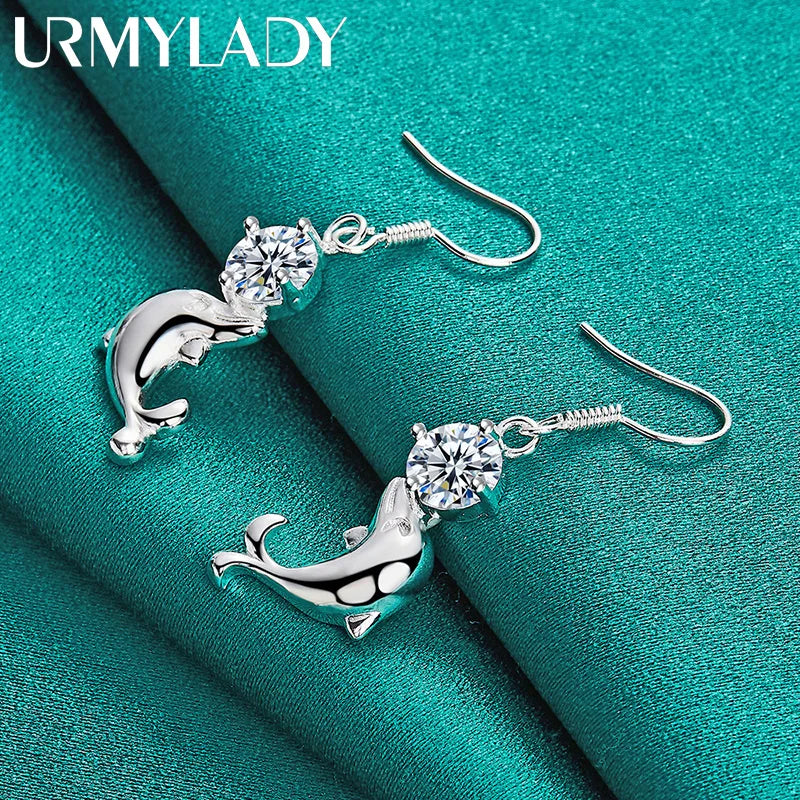 URMYLADY 925 Sterling Silver Dolphin Zircon Earrings Eardrop For Women Charm Wedding Fashion Engagement Jewelry