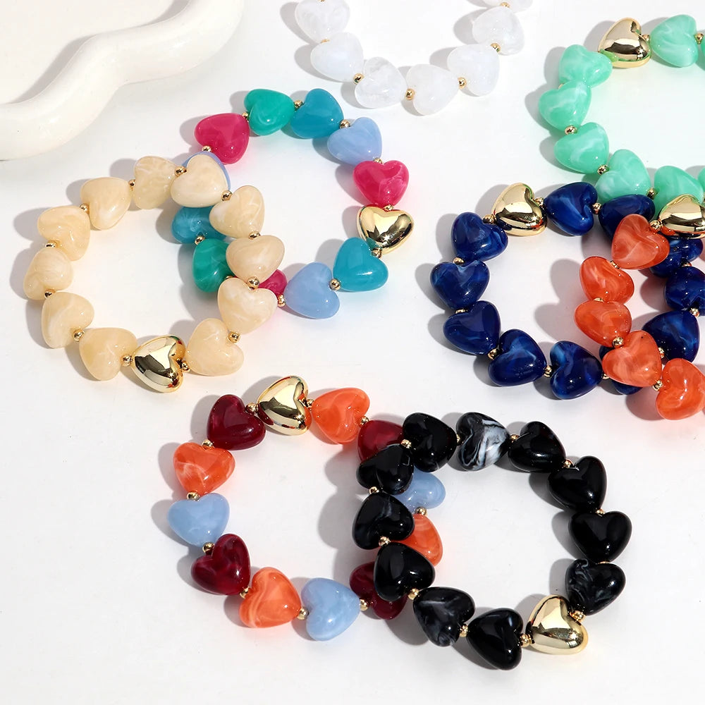Sweet Resin Love Heart Beads Elastic Bracelets for Women Cute Geometric Heart Shape Stretch Bracelet Party Jewelry Gifts