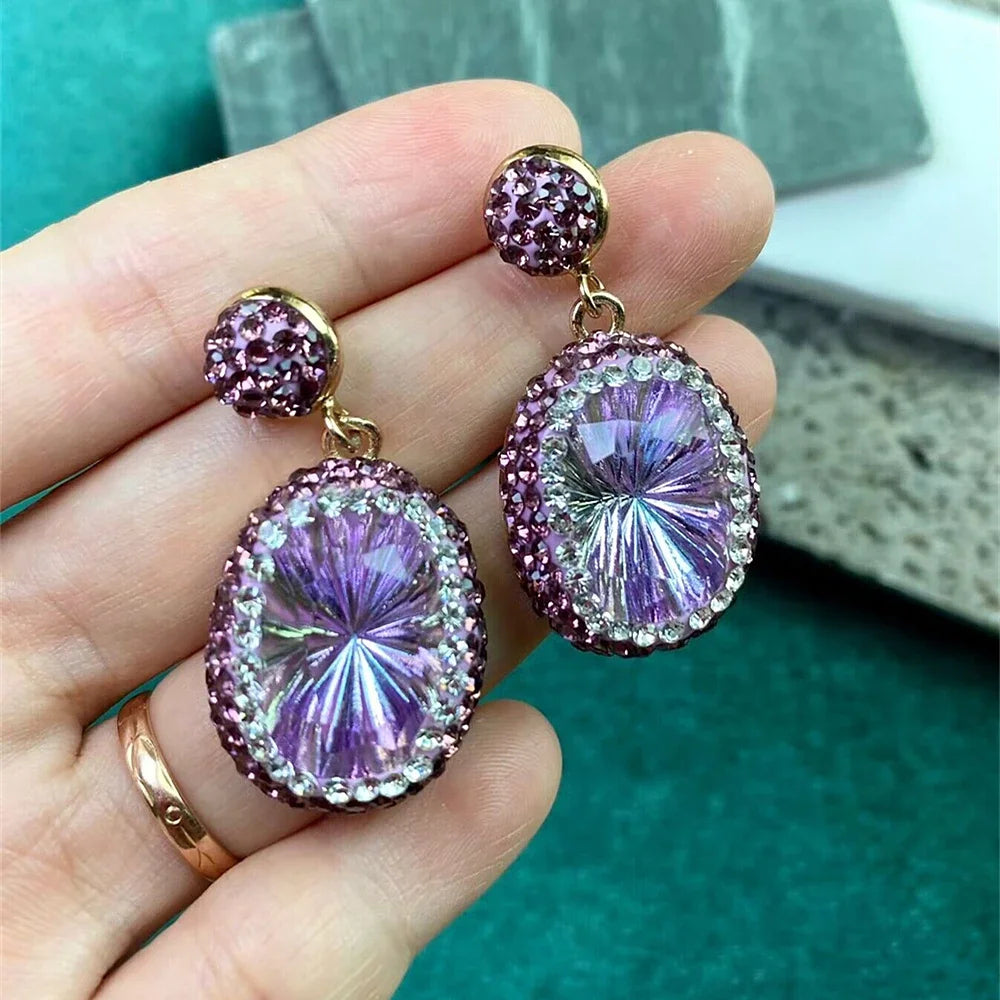 Fashion Large Purple Crystsal Dangle Earrings Cushion Cut Crystal Clay Rhinestone Crystal Jewelry for Women Party Wedding Golden