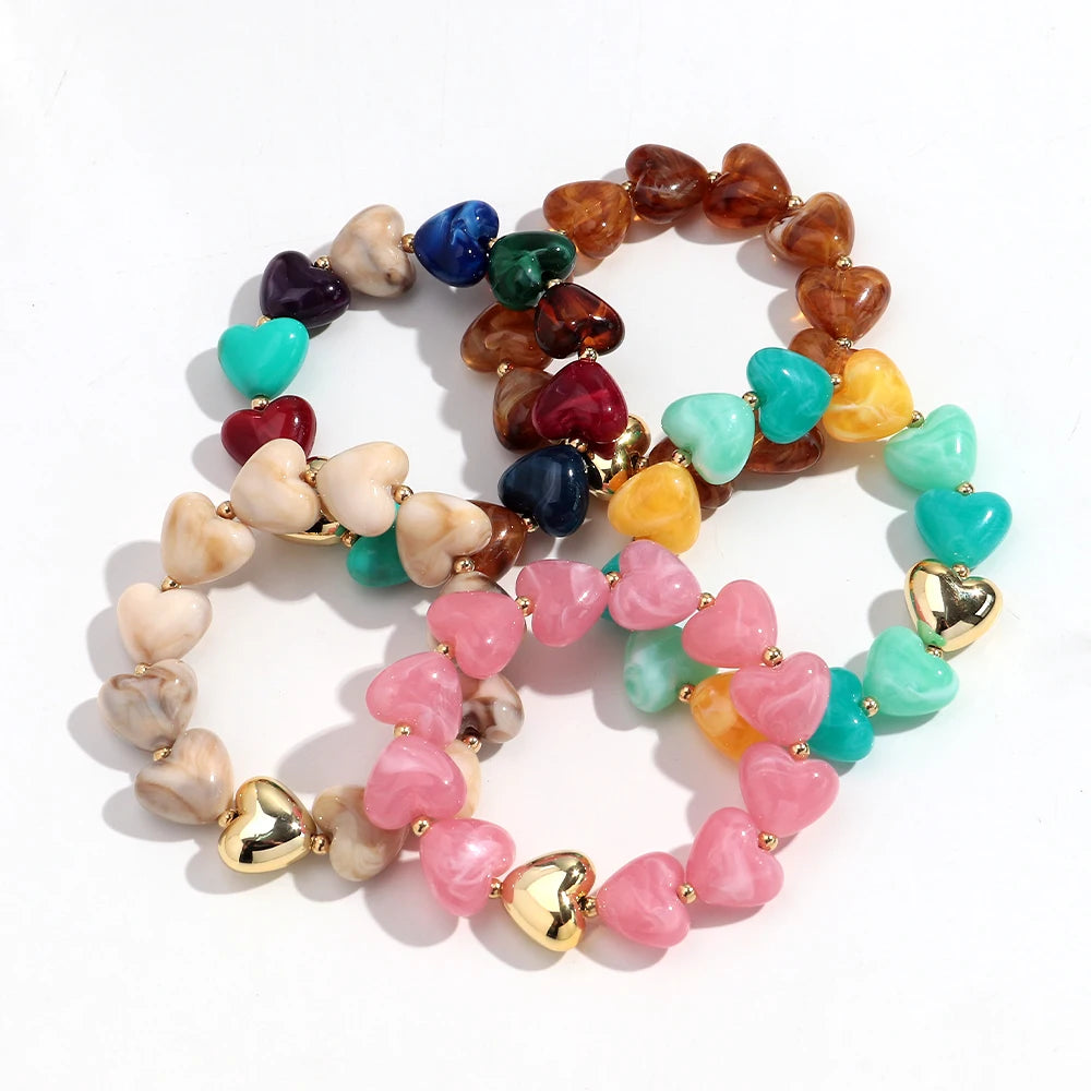 Sweet Resin Love Heart Beads Elastic Bracelets for Women Cute Geometric Heart Shape Stretch Bracelet Party Jewelry Gifts