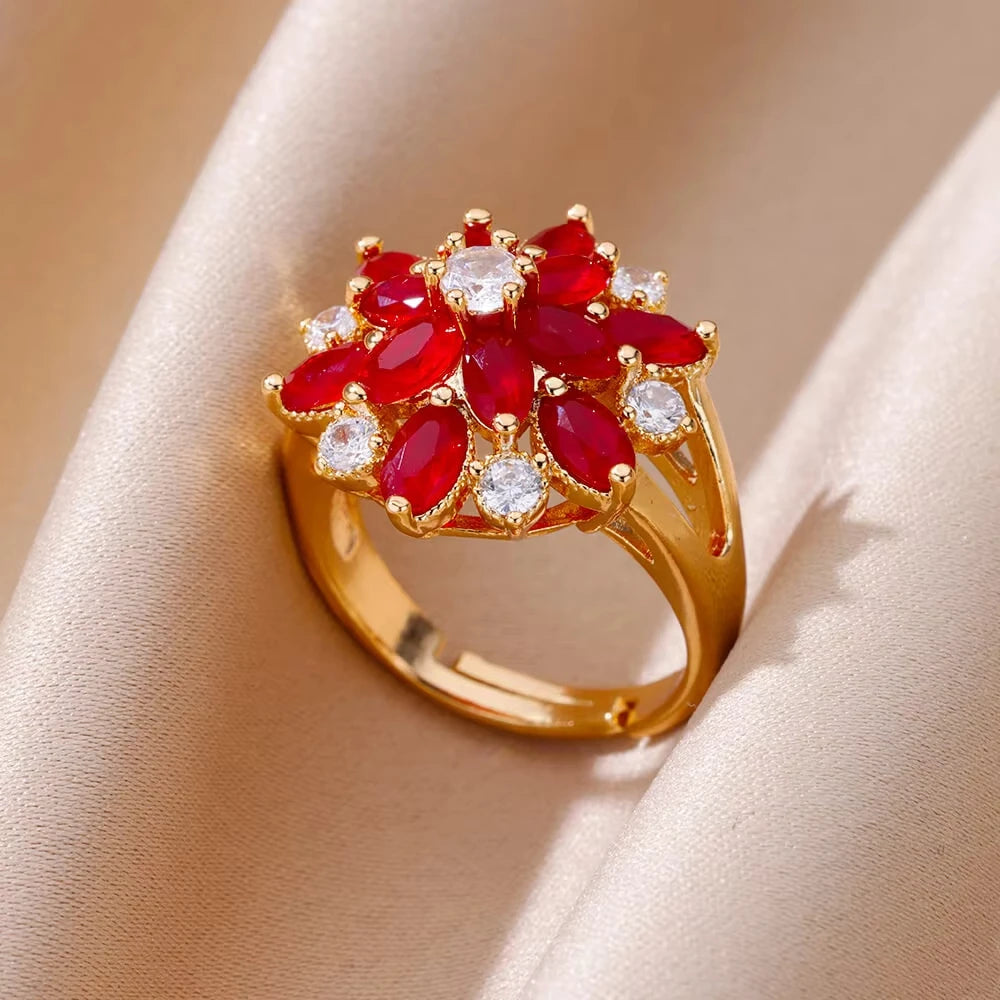 Stainless Steel Rings Gold Plated Colorful Stone Zircon Crystal Luxury Flower Ring For Women Wedding Jewelry Christmas Gift New
