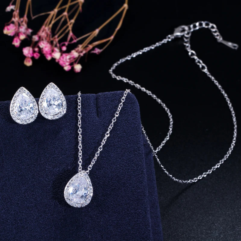 ThreeGraces Sweet Sparkling Water Drop Cubic Zirconia Fashion Necklace and Stud Earrings Party Jewelry Set for Women JS210
