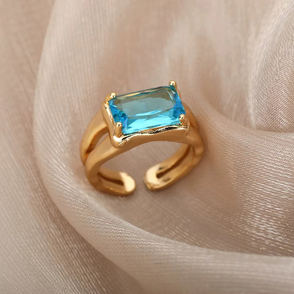 Stainless Steel Rings Gold Plated Colorful Stone Zircon Crystal Luxury Flower Ring For Women Wedding Jewelry Christmas Gift New