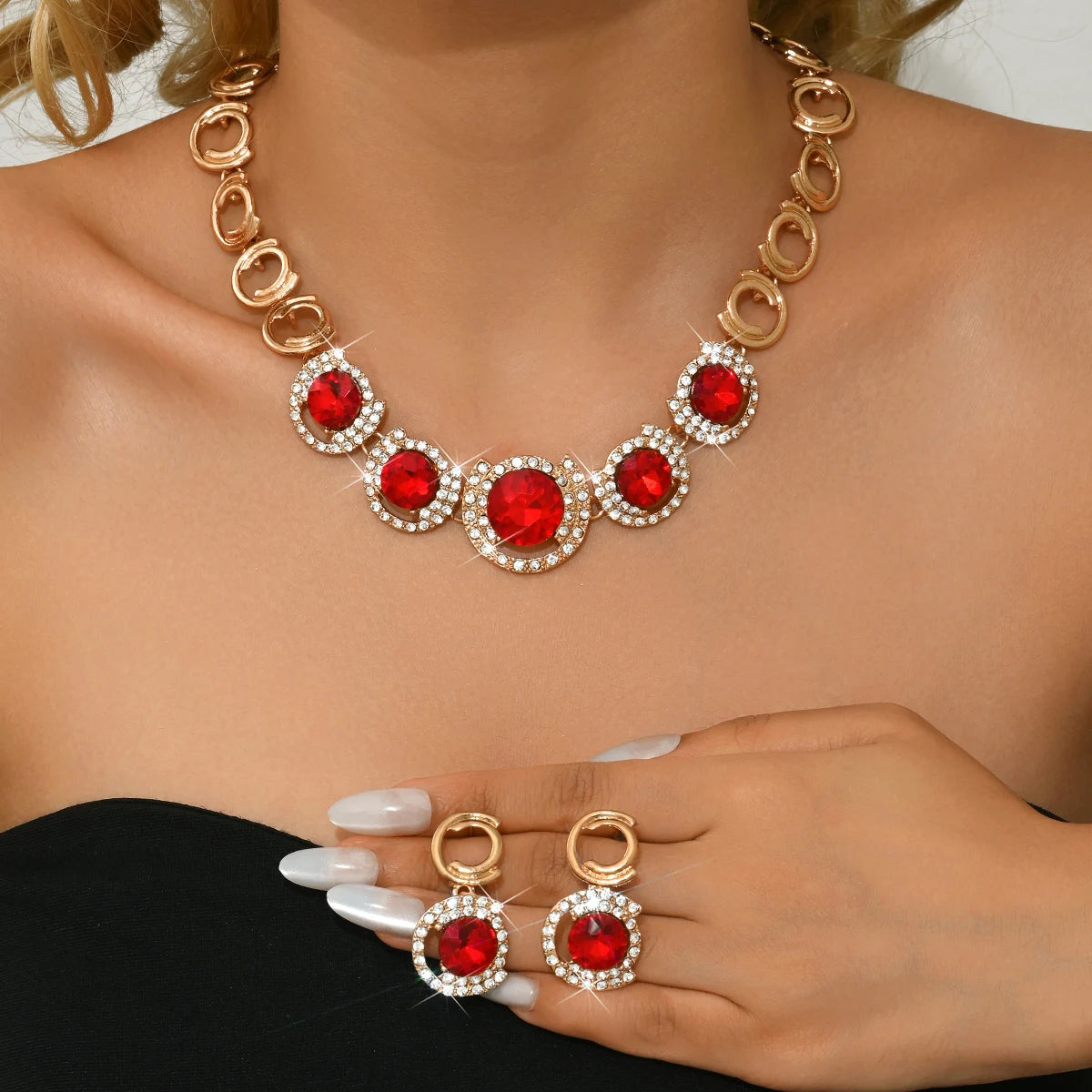 Fashionable and Personalized Micro Inlaid Crystal Craft Necklace Earring Set Suitable for Women's Banquets, Dates, Dances