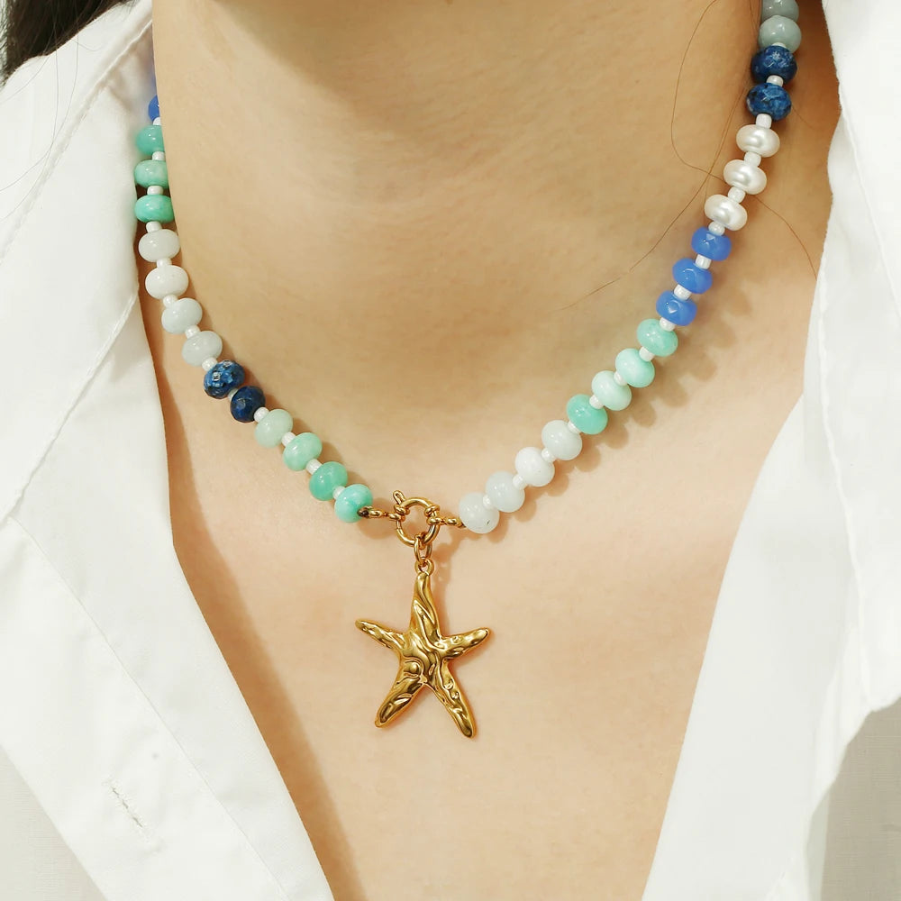Badu Summer Colorful Natural Stone Beads Stainless Steel Starfish Pendant Necklace for Women Bohemia Beach Jewelry Waterproof
