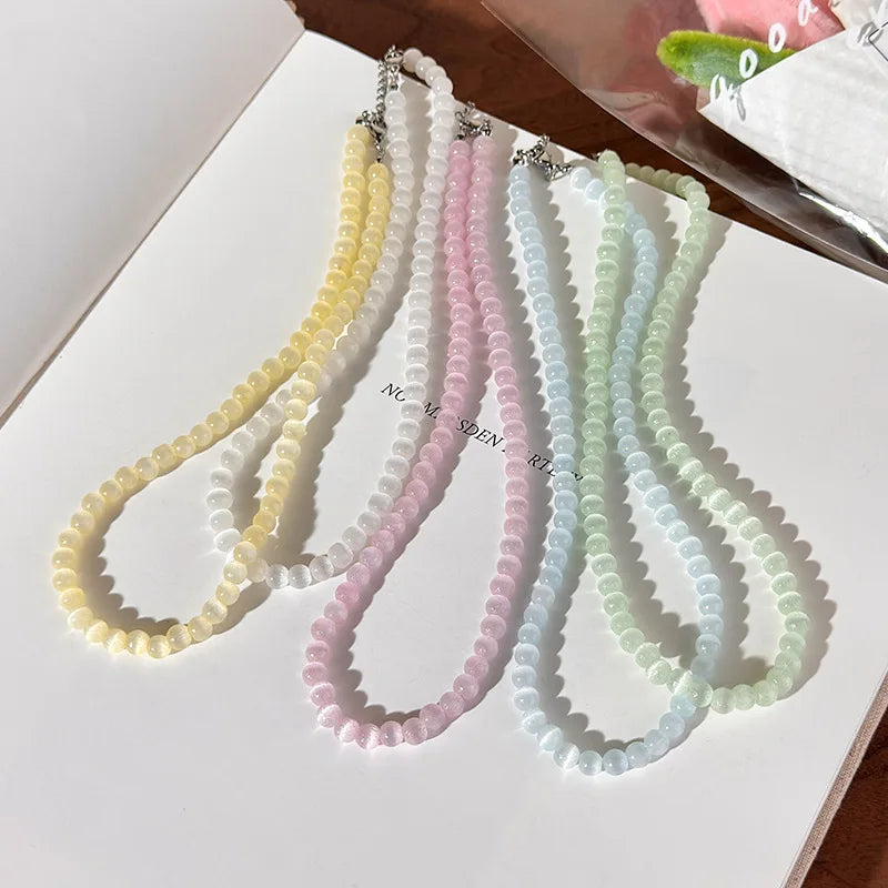 2026 Summer Trendy Candy Color Crystal Opal Beaded Cat's Eye Stone Bead Choker Necklace For Women Fashion Aesthetic Accessories