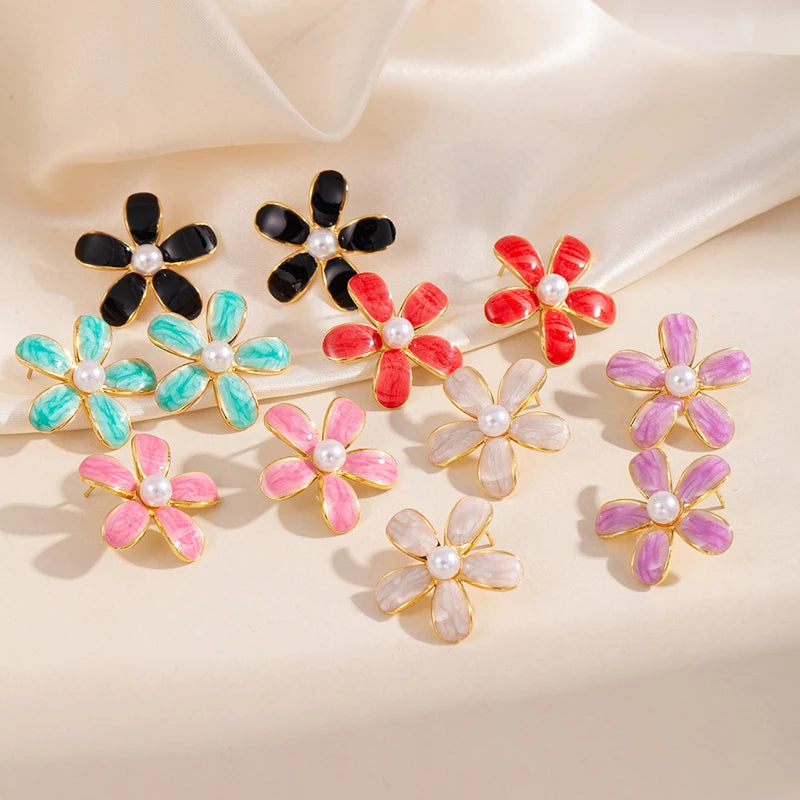 ANENJERY 316L Stainless Steel Colorful Enamel Flower Butterfly Earrings For Women French Delicate Elegant Jewelry Birthday Gifts