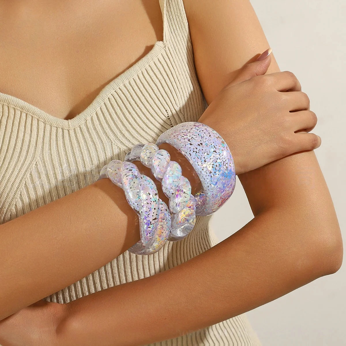 KMVEXO 3 Style Colorful Glitter Resin Irregular Chunky Bangle Bracelets Acrylic Glitter Geometric Cuff Bangles for Women Jewelry