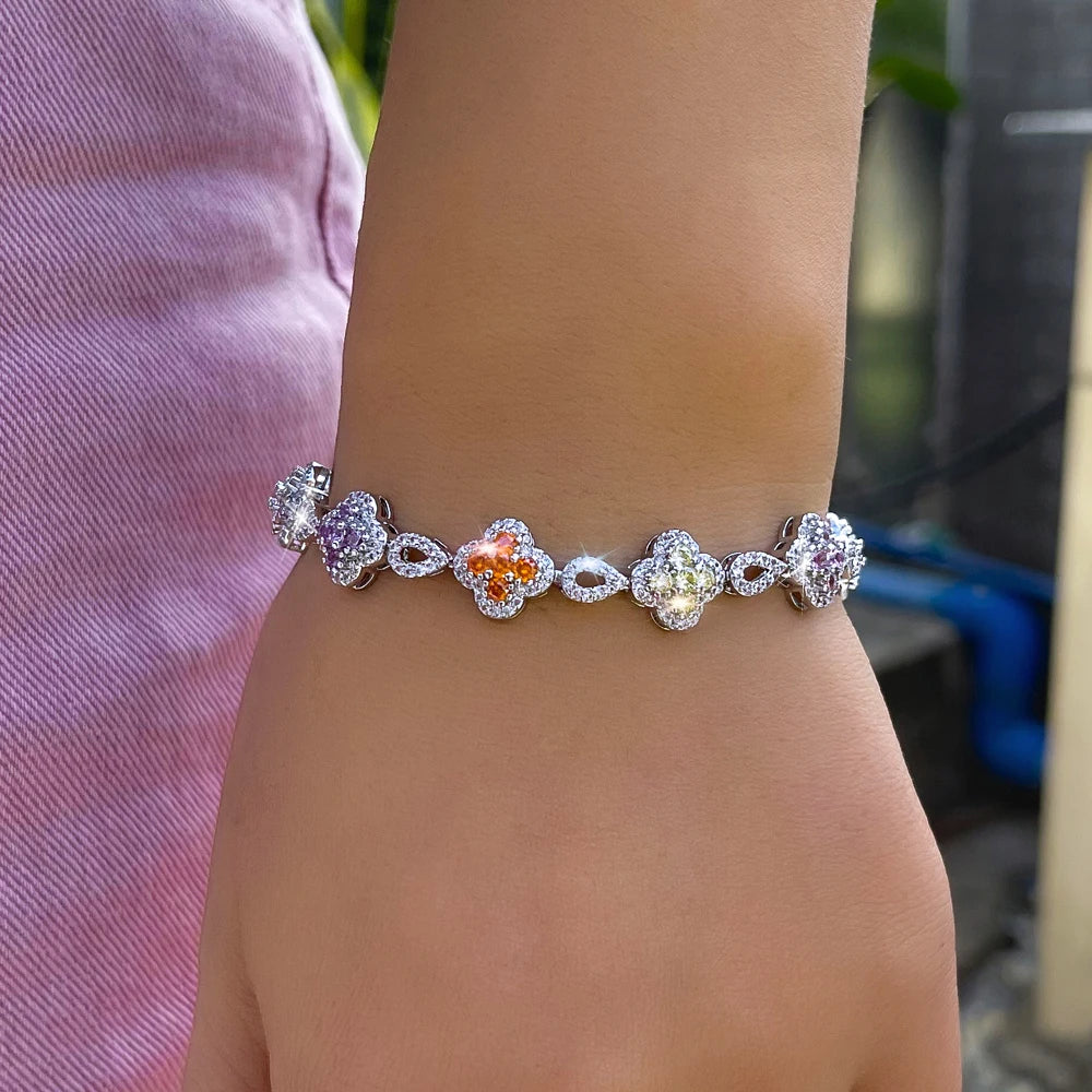 ThreeGraces Fashion Shiny Colorful Zirconia Lucky Leaf Shape Bridal Wedding Link Chain Bracelet for Women Party Jewelry BR450