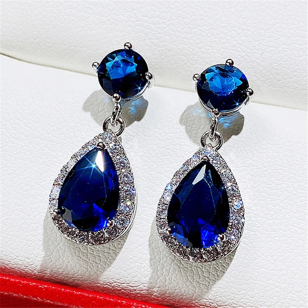 Luxury Female Blue Yellow White Zircon Stone Drop Dangle Earrings Cute Silver Color Party Jewelry For Women