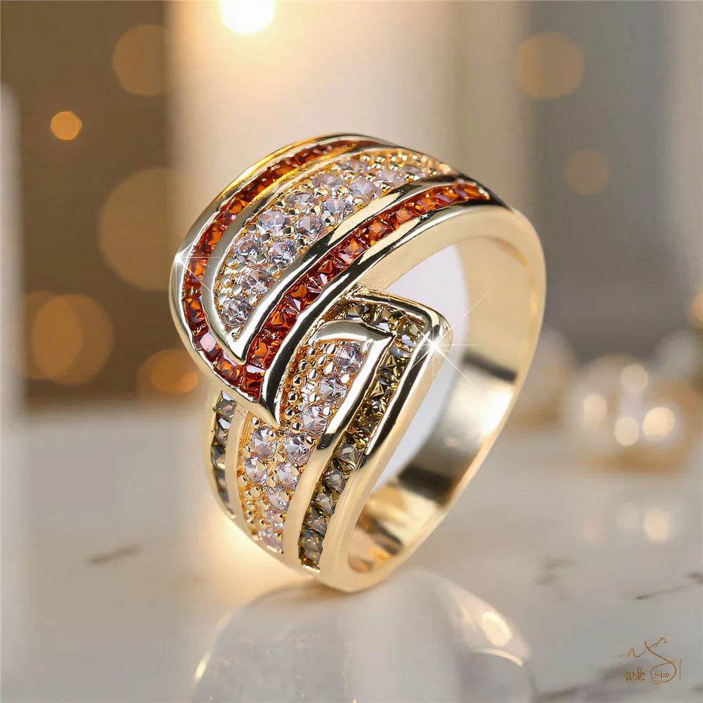 Cute Female White Zircon Stone Gold Color Wedding Jewelry Promise Engagement Wheat Rings For Women